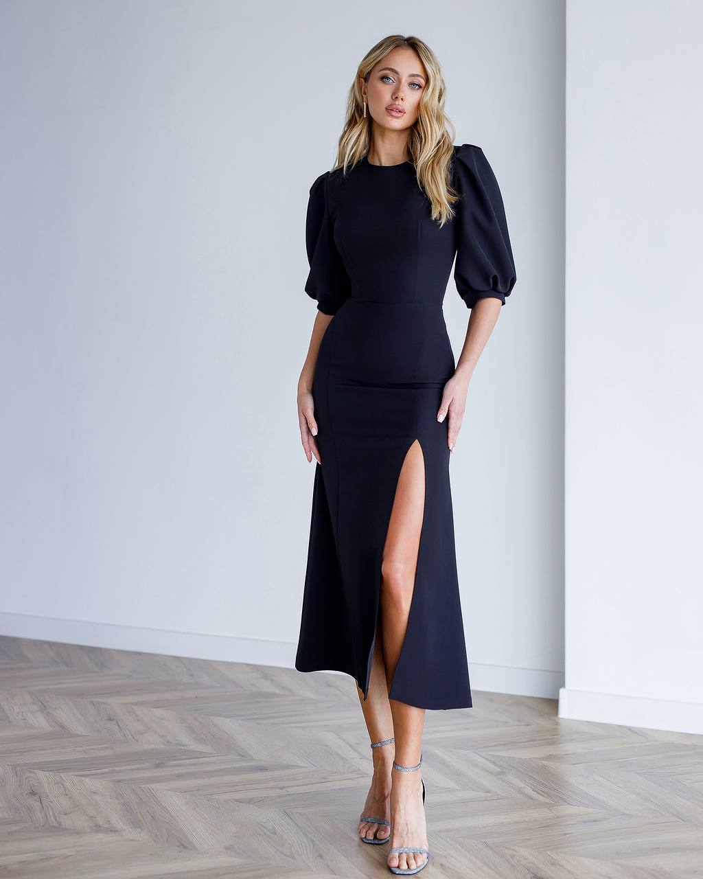 Elegant Women Midi Dress in Premium Diagonal Crepe Fabric