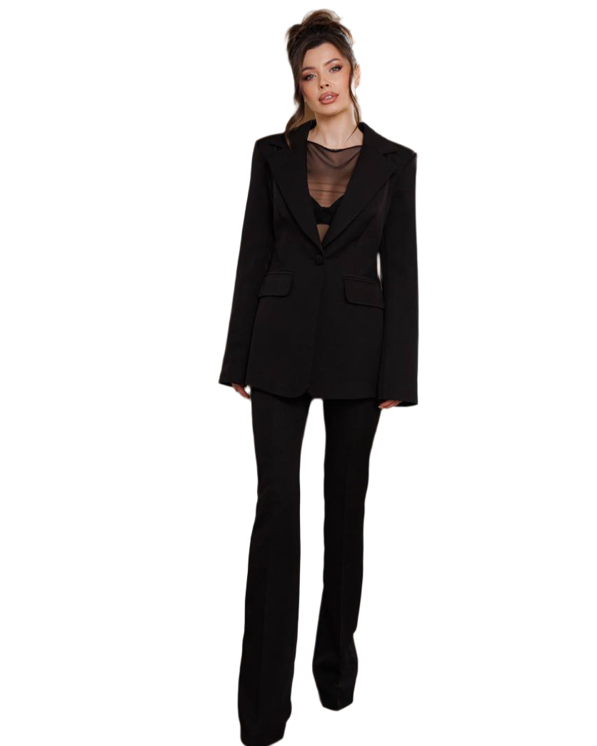Womens Black Diagonal Crepe Suit Elegant Tailored Blazer and Pants