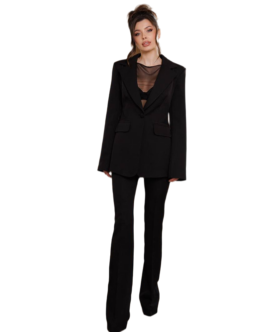 Womens Black Diagonal Crepe Suit Elegant Tailored Blazer and Pants