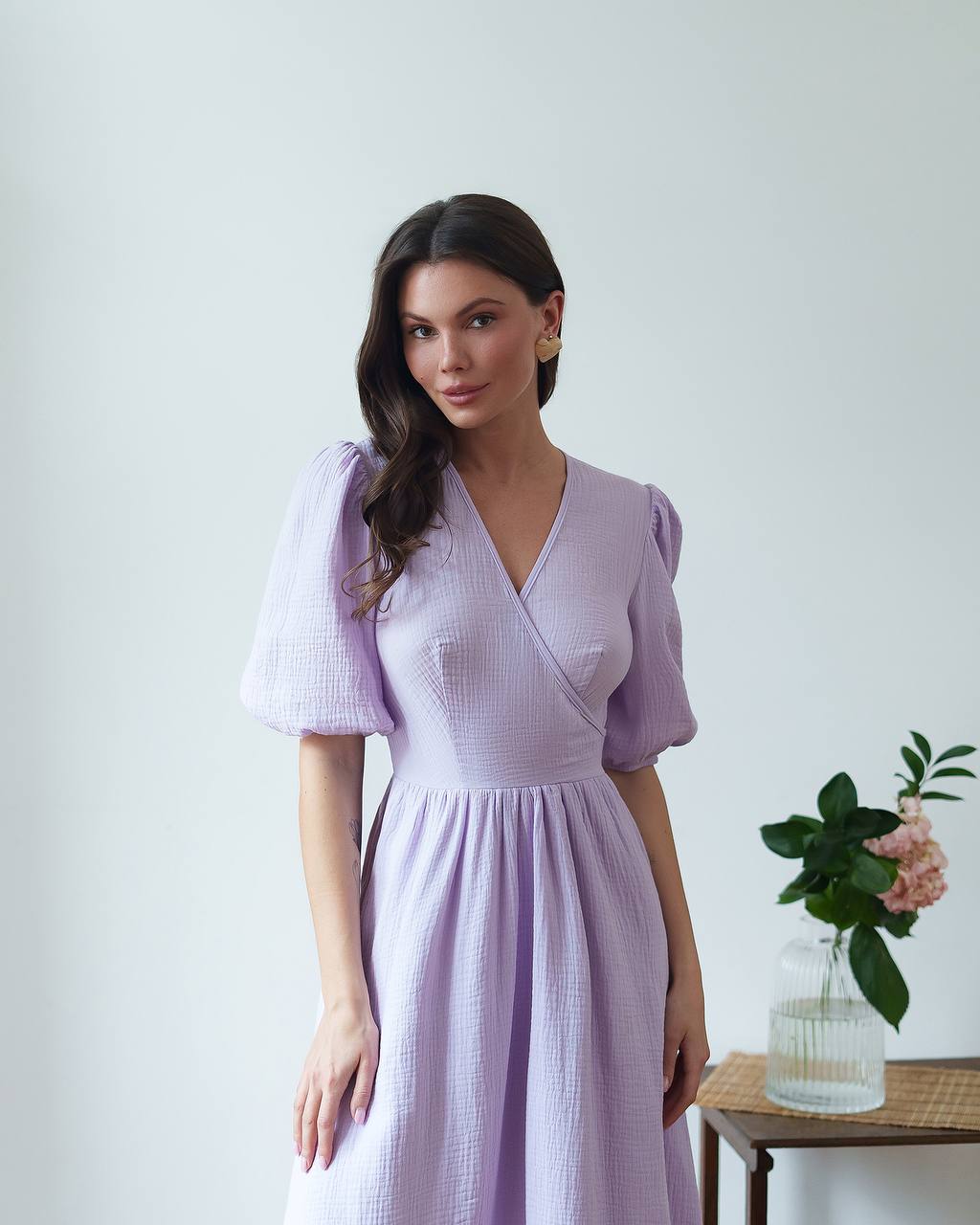 Lightweight Muslin Midi Dress for Women in Milky Blue and Lavender