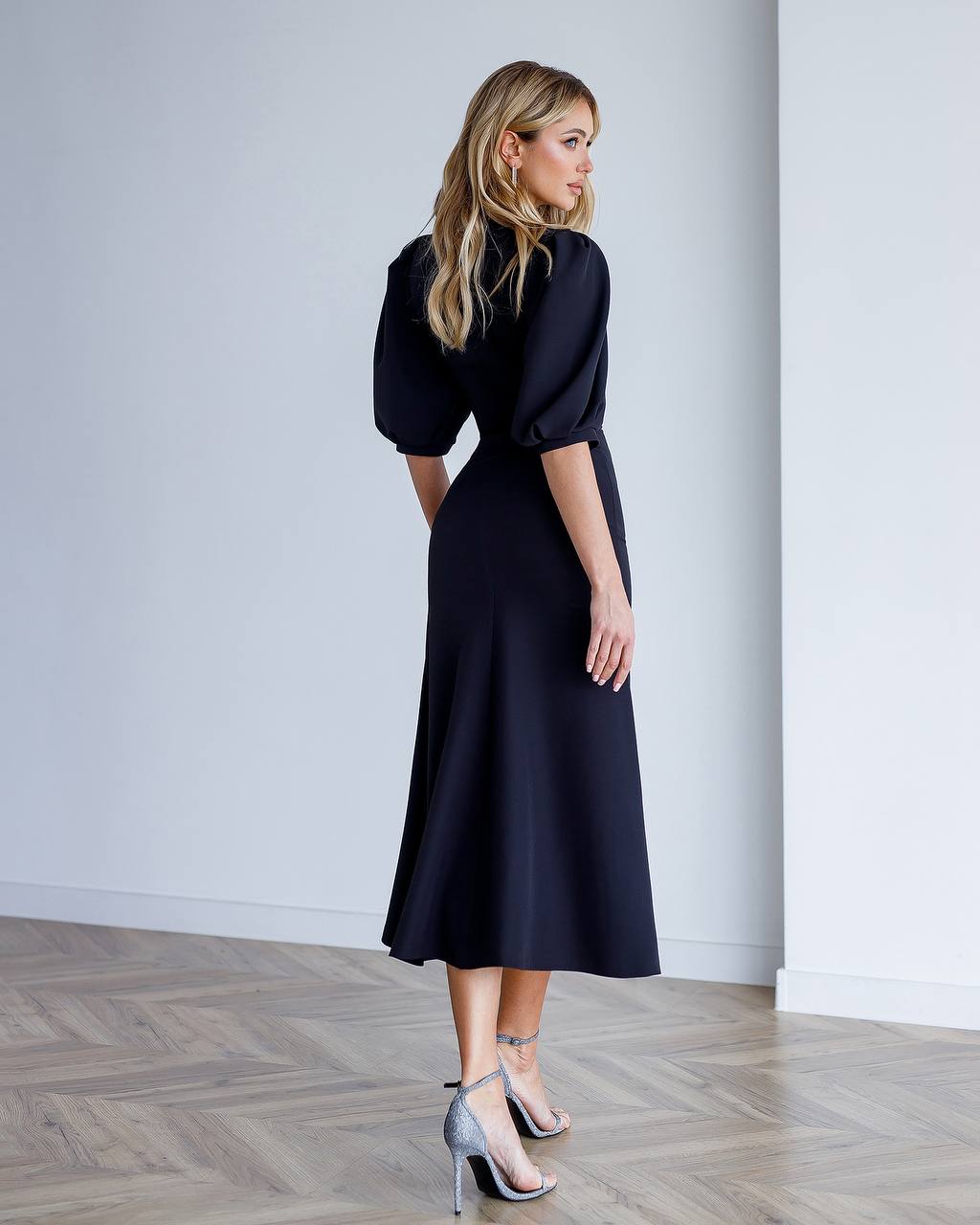Elegant Women Midi Dress in Premium Diagonal Crepe Fabric