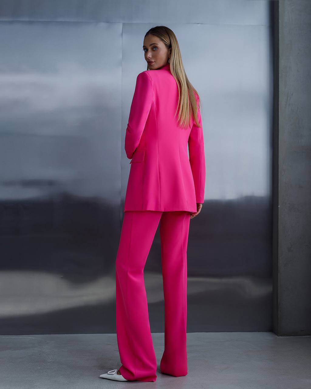 Womens Three Piece Suit with Vest in Vibrant Pink Diagonal Crepe