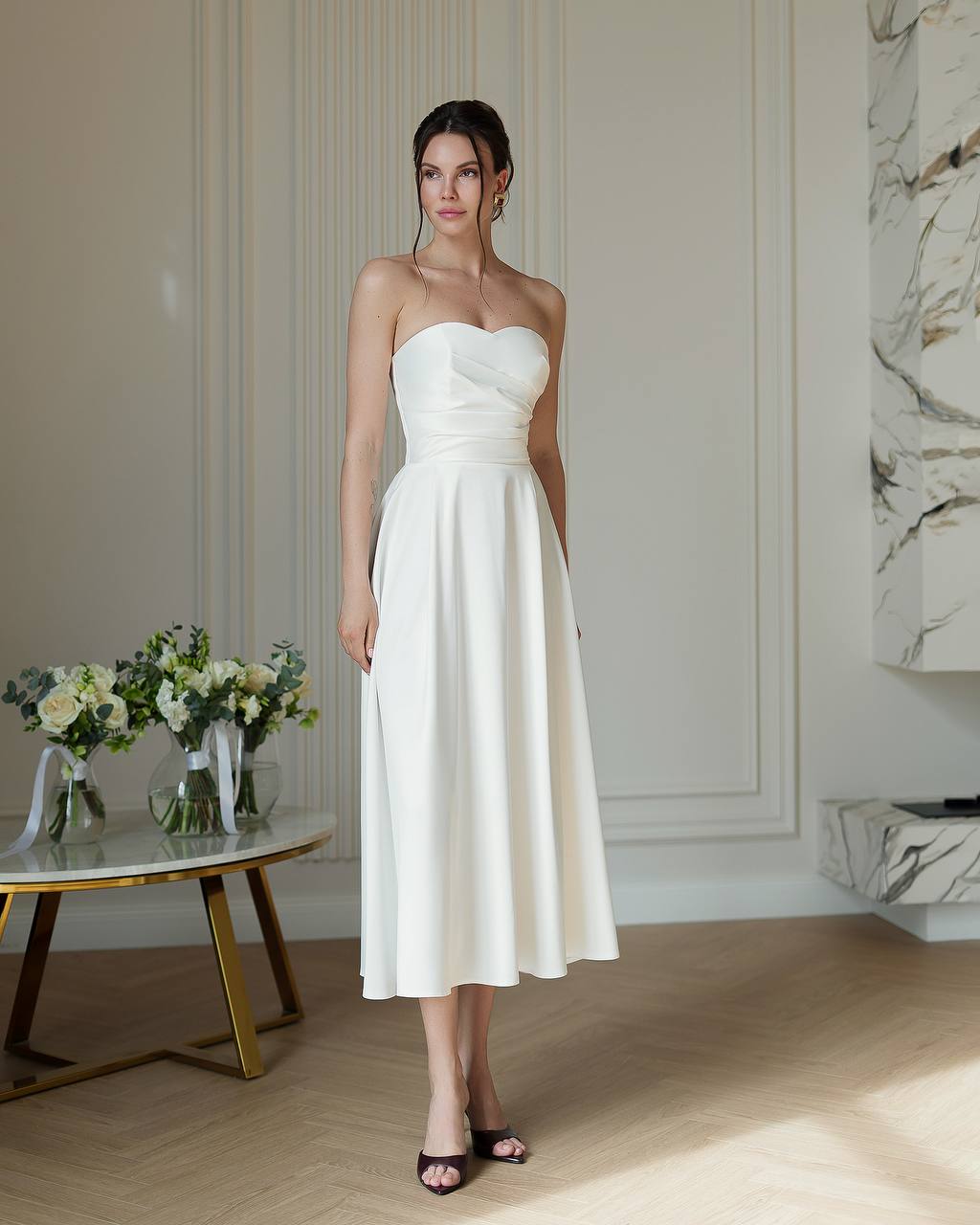 Elegant Premium Dense Satin Strapless Midi Dress for Women