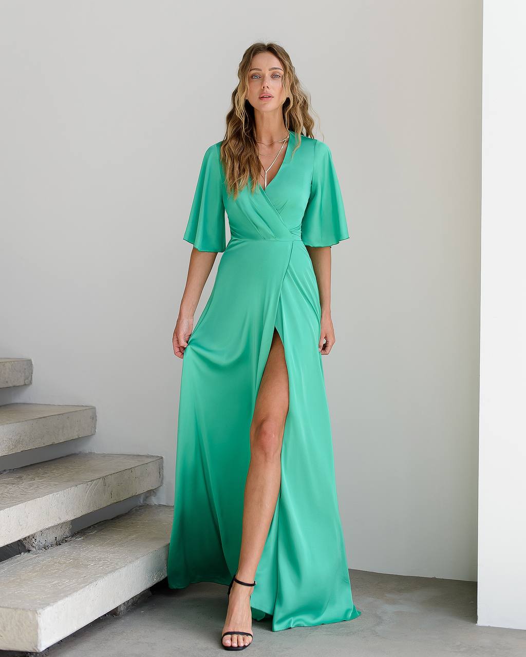 Elegant Long Sleeve Silk Dress with Pockets in Green, Beige, or Graphite for Special Occasions