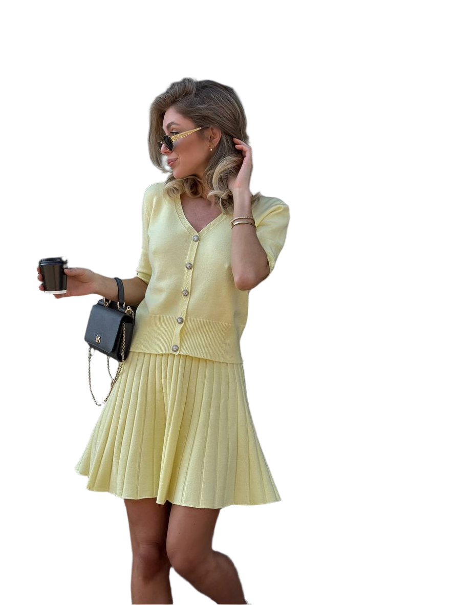Womens Yellow Lulu Suit Top and Pleated Skirt Set