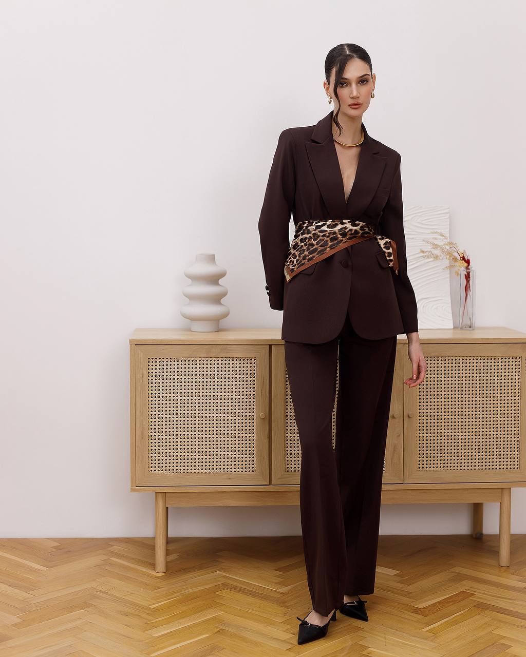 Womens Double Suit Premium Diagonal Crepe Black Chocolate
