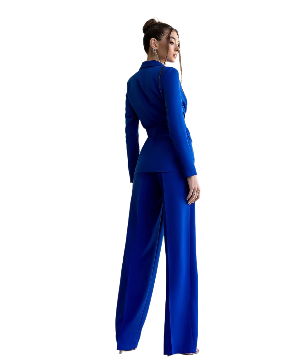 Woman wearing a blue suit on a white background