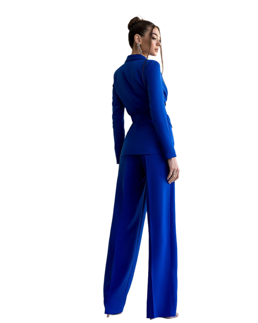 Woman wearing a blue suit on a white background