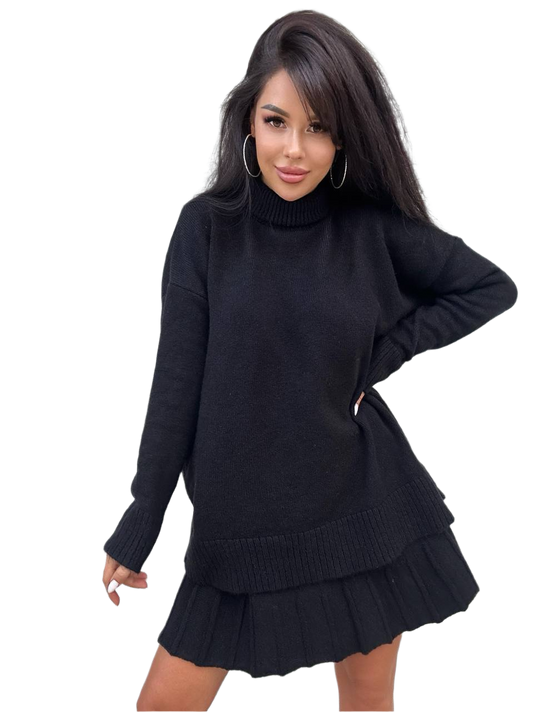 Woman wearing a black sweater dress on a white background