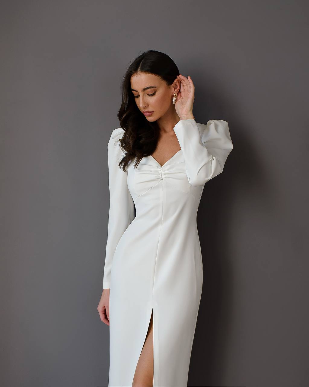 Elegant White Midi Dress Women Puff Sleeves Split Front Suit Crepe