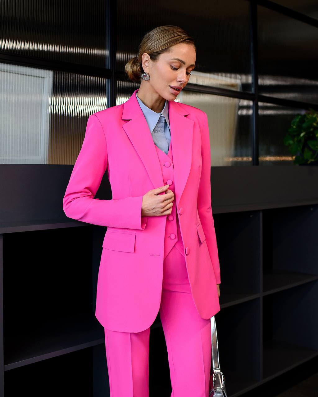 Womens Three Piece Suit with Vest in Vibrant Pink Diagonal Crepe