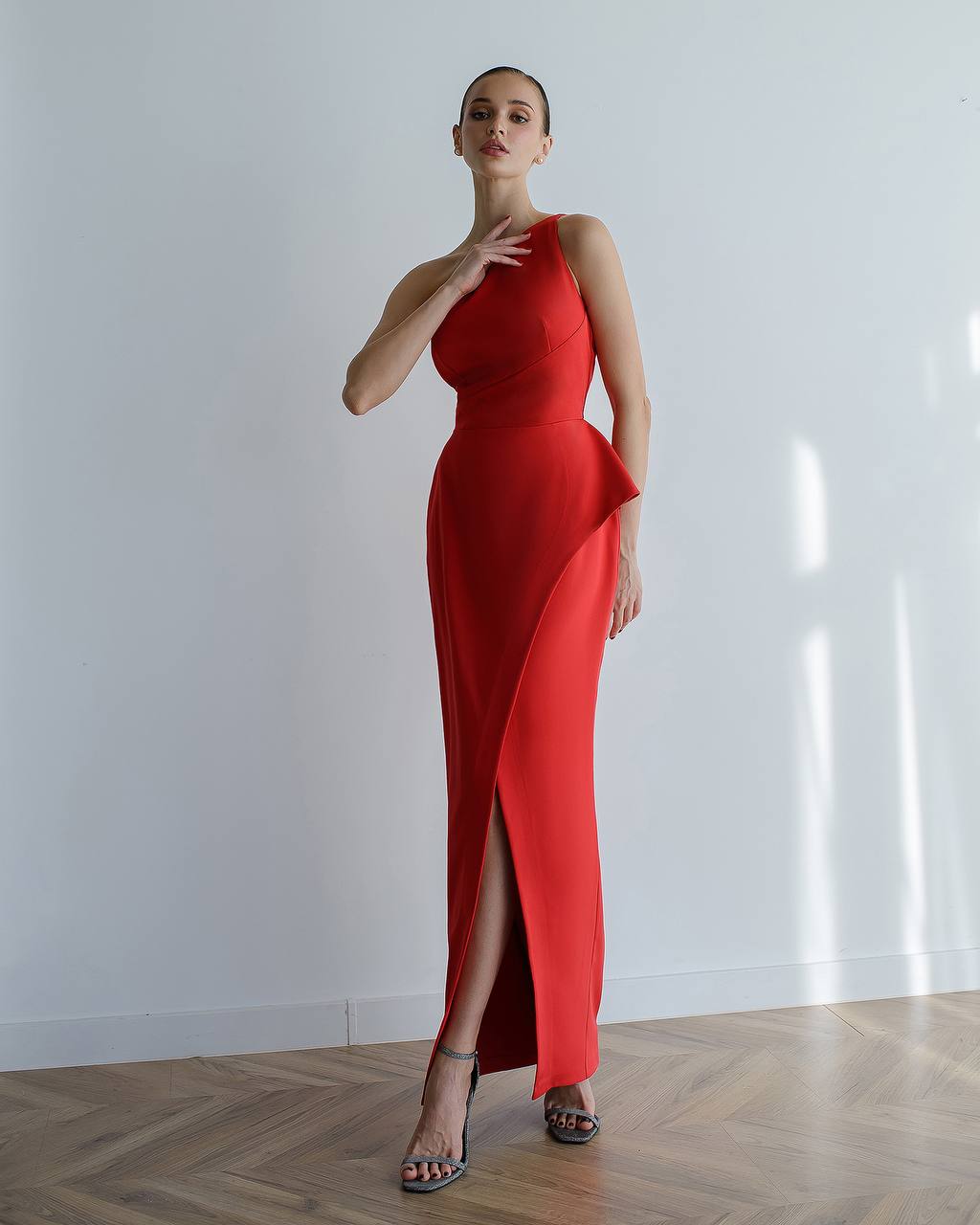 One Shoulder Red Midi Dress with Side Slit