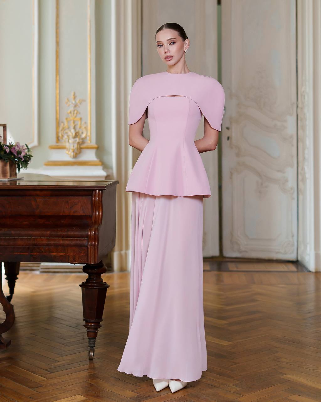 Elegant Corset Dress Set with Cape in Premium Crepe and Chiffon