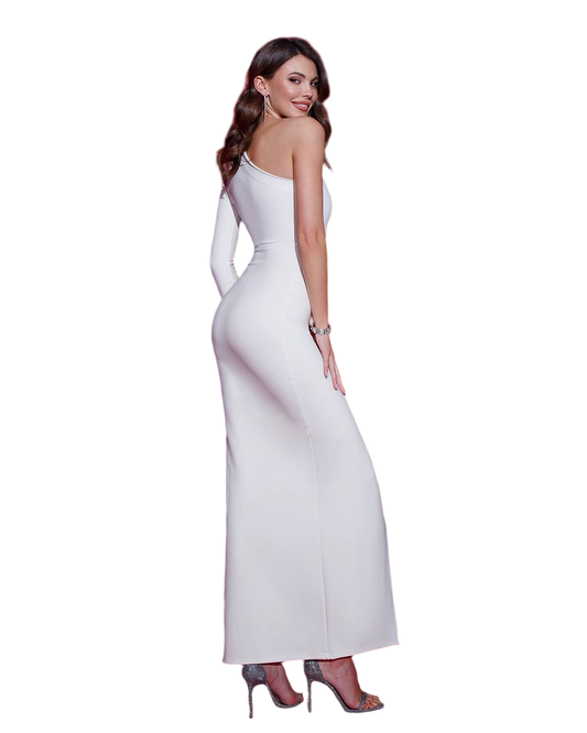 Woman wearing a white evening gown on a white background