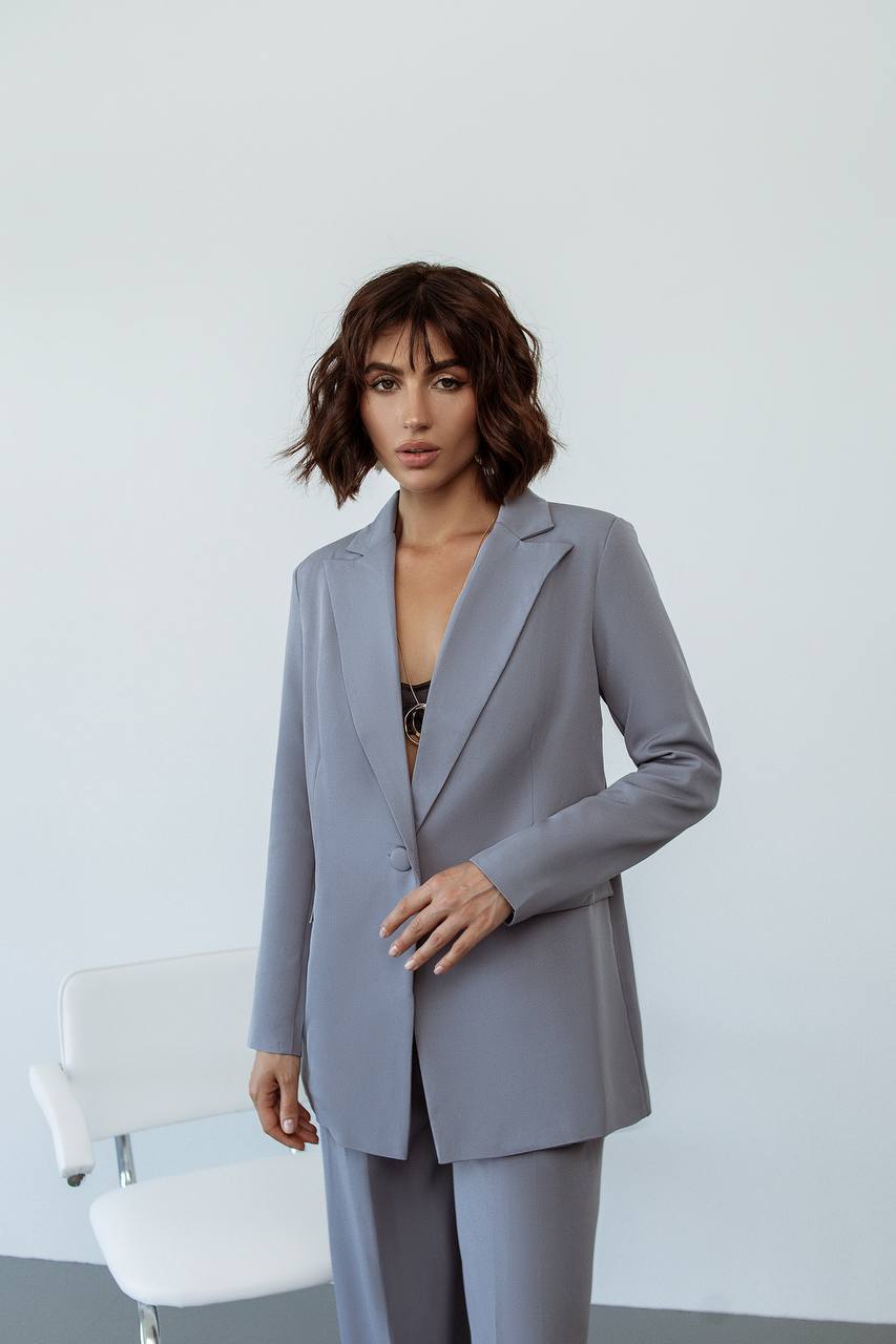 Gray Palazzo Suit Women Diagonal Crepe Tailored Blazer and Wide Leg Trousers
