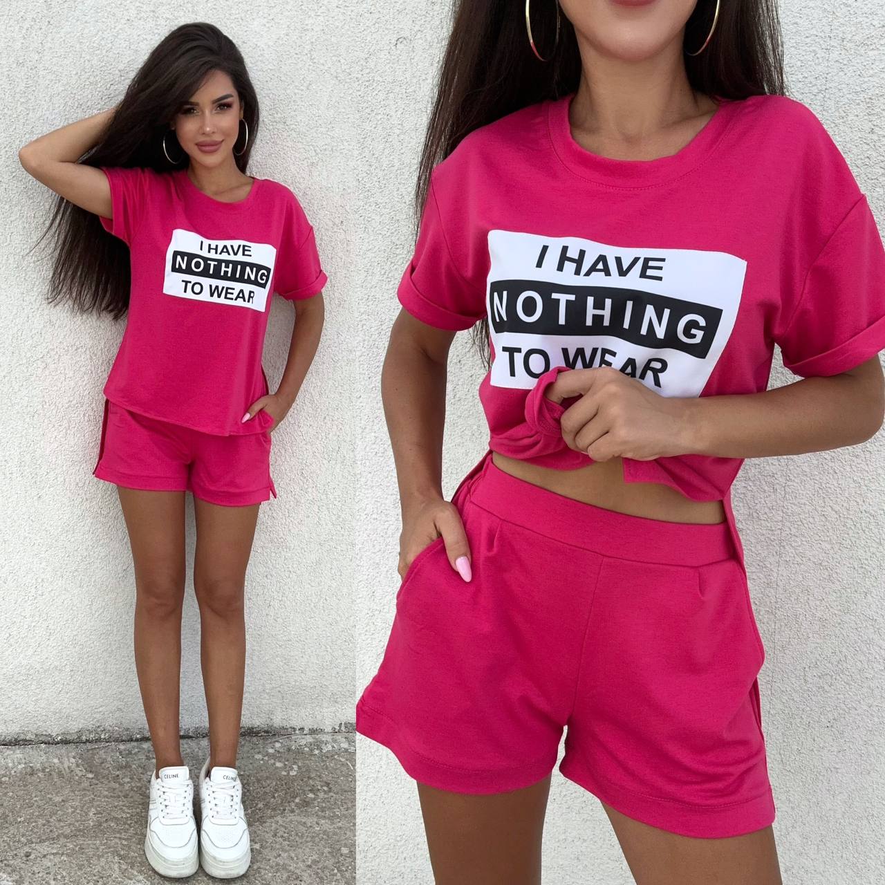 Woman wearing a pink outfit with a t-shirt and shorts, featuring text 'I HAVE NOTHING TO WEAR'.