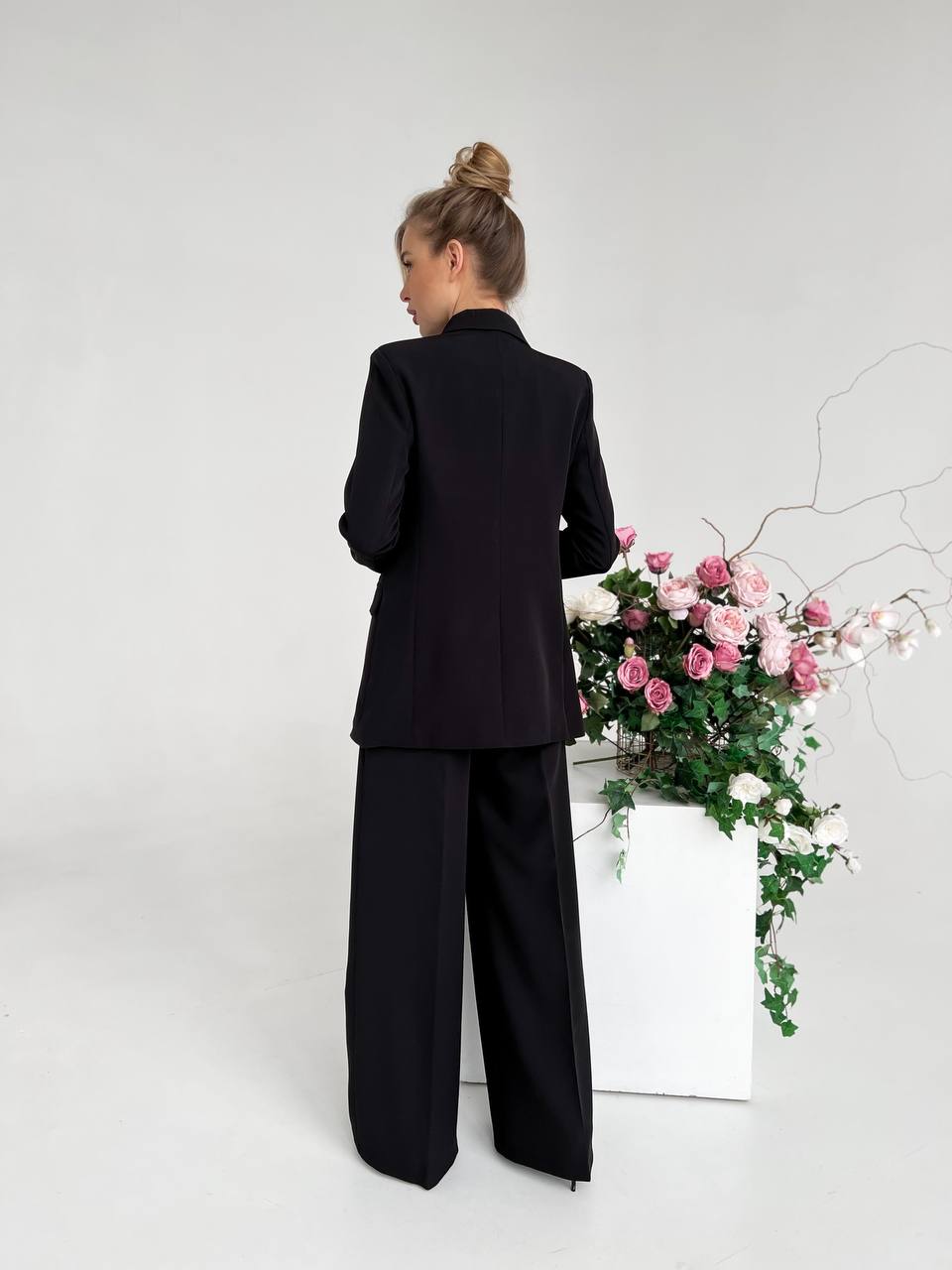 Black Palazzo Suit for Women Diagonal Crepe Tailored Wide Leg Pantsuit