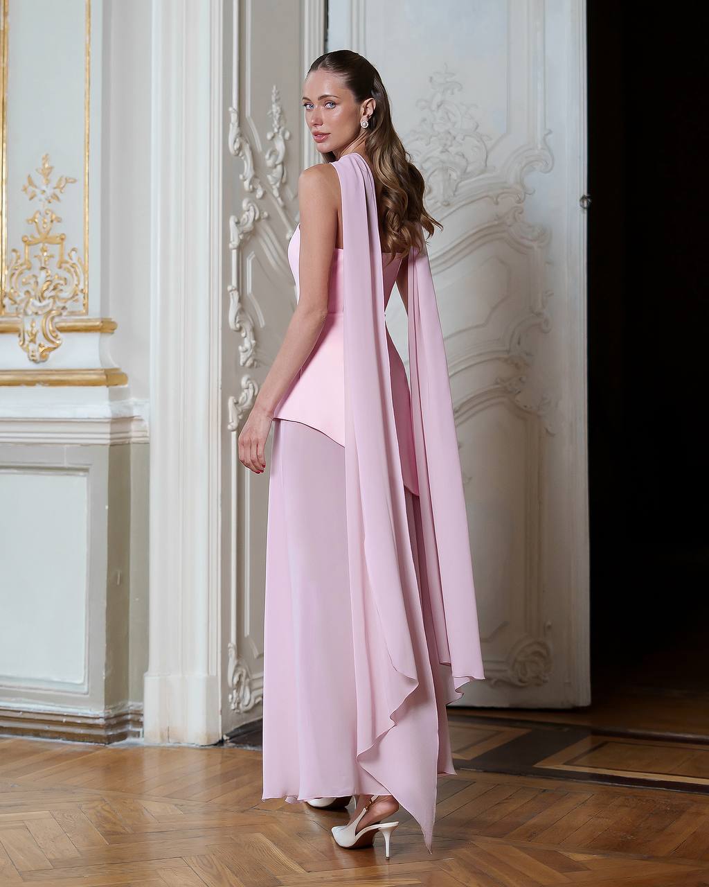 3 Piece Elegant Pink Wedding Bridal Set - Corset Style Dress, Chiffon Skirt and Scarf