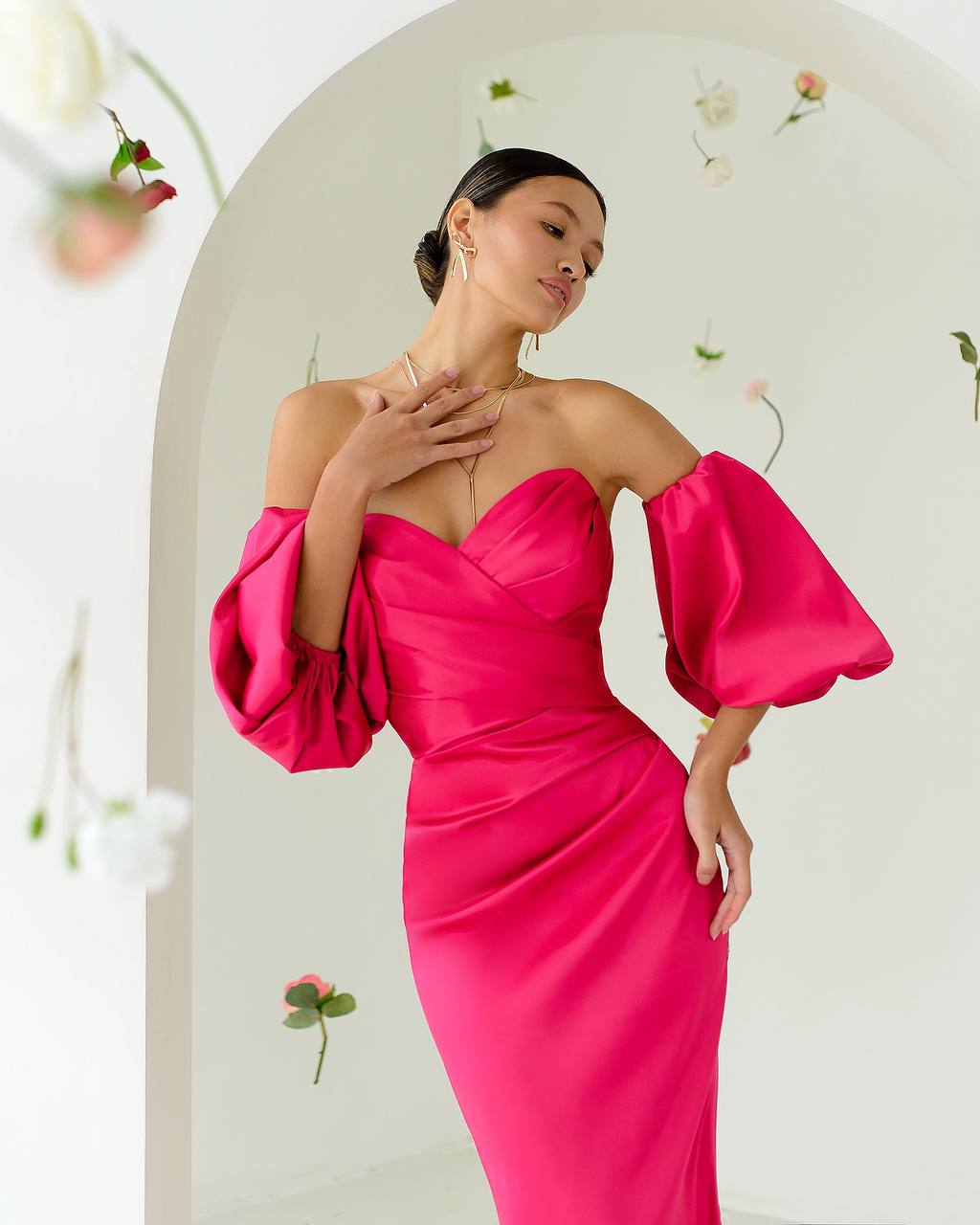 Midi Corset Dress in Satin with Off-Shoulder Puff Sleeves