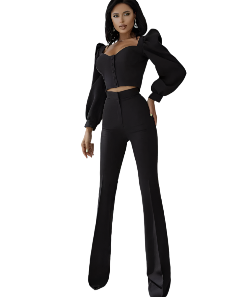 Womens Black Blouse and Trousers Suit Diagonal Crepe