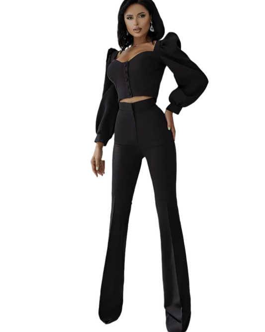 Womens Black Blouse and Trousers Suit Diagonal Crepe