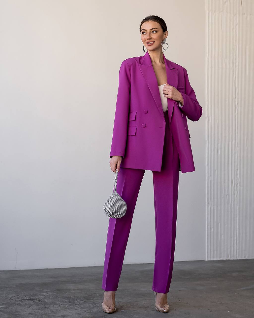Luxury Diagonal Crepe Women's Suit in Violet with Tailored Jacket and Pants
