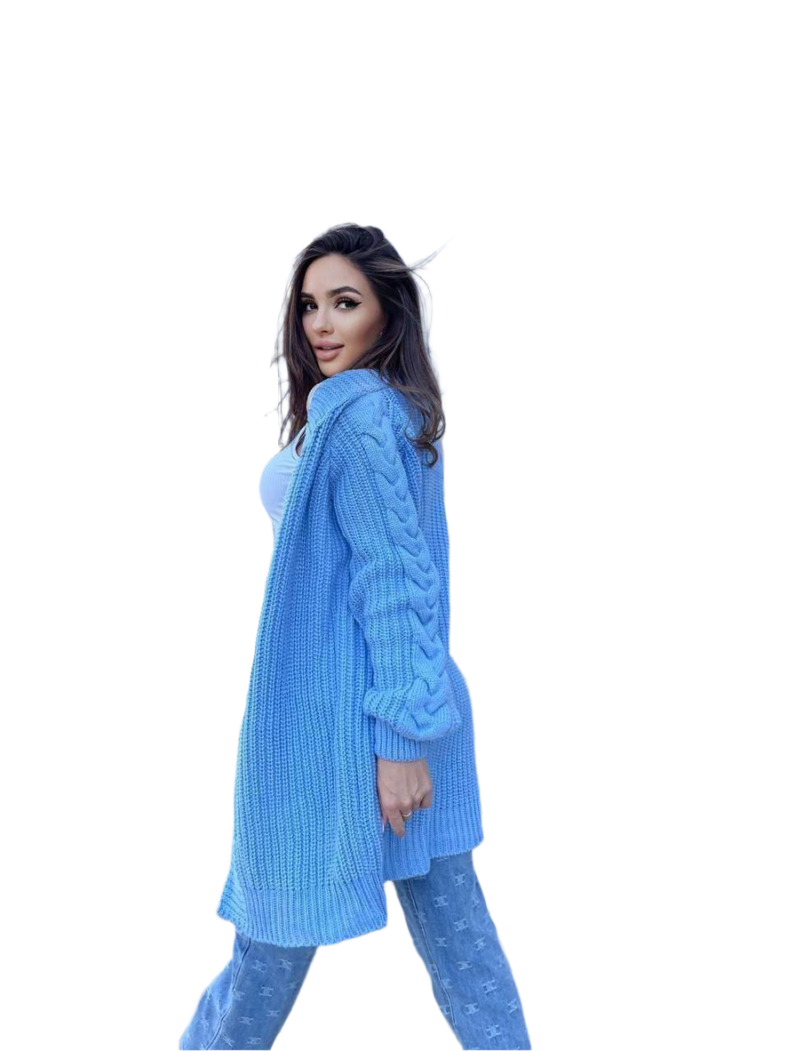Woman wearing a long blue cardigan on a white background