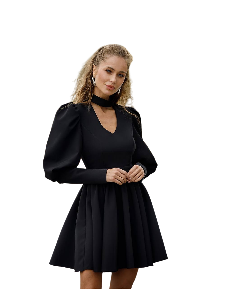 Elegant Black Mini Dress with Full Skirt and Puff Sleeves