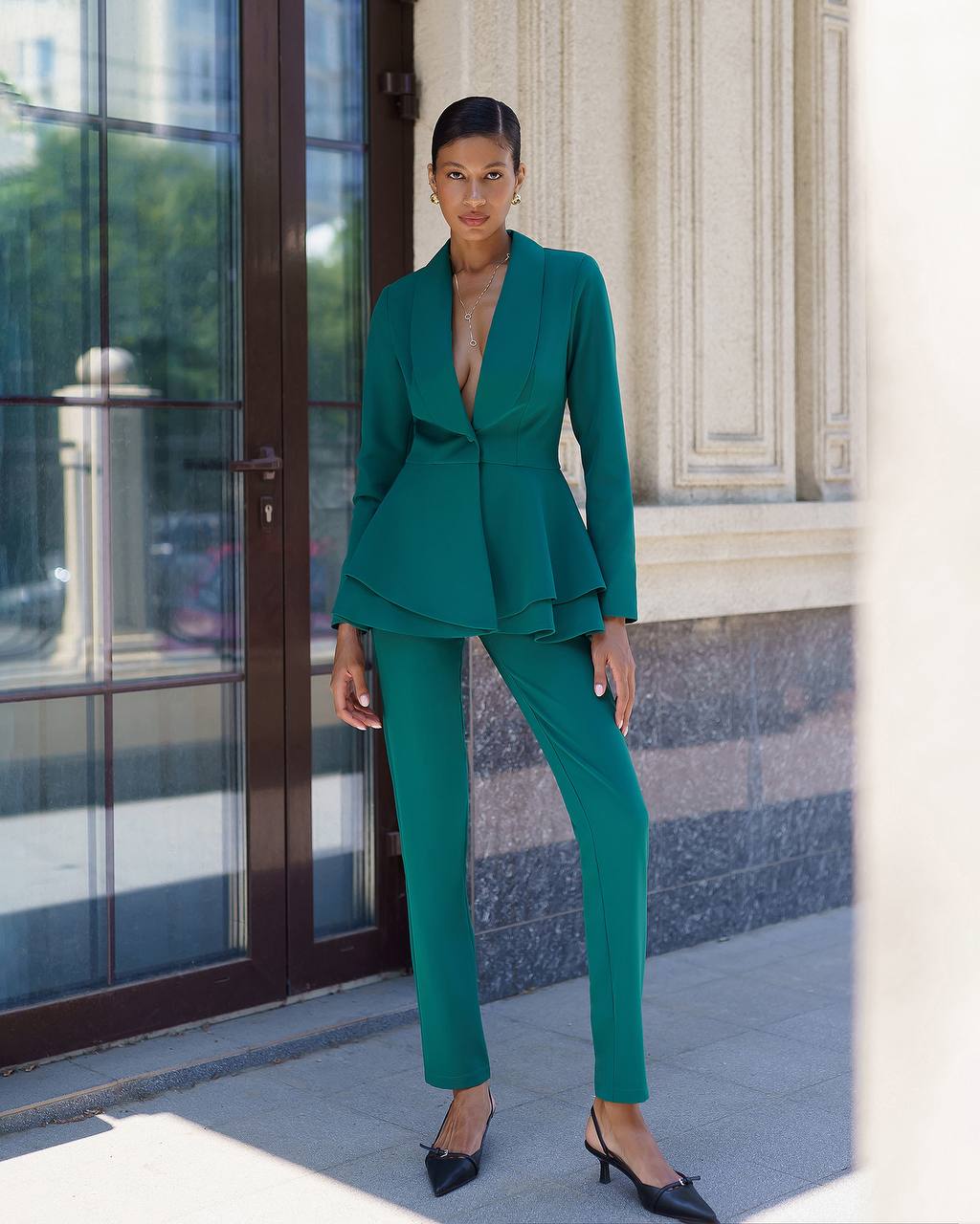 Premium Diagonal Crepe Women Suit with Peplum Jacket in Green