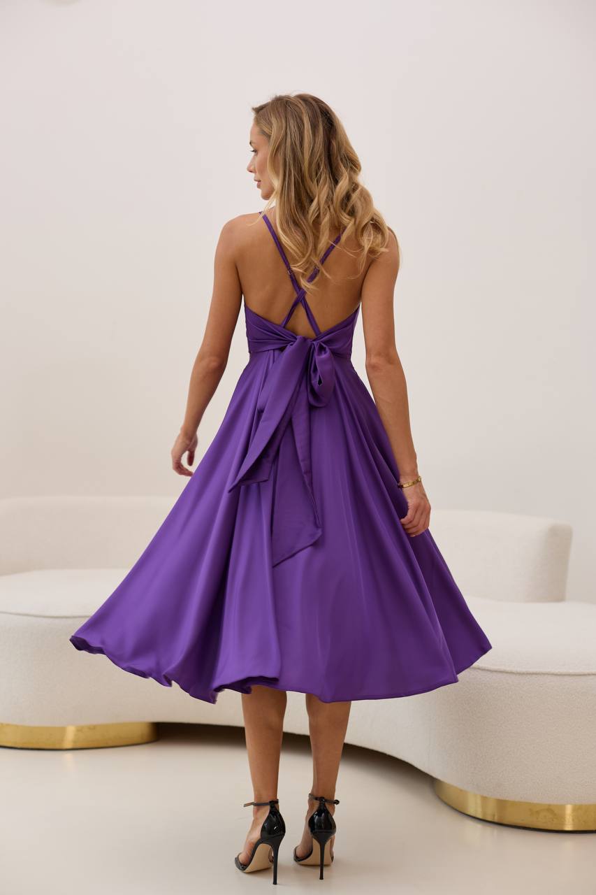 Woman wearing a purple dress with a white background