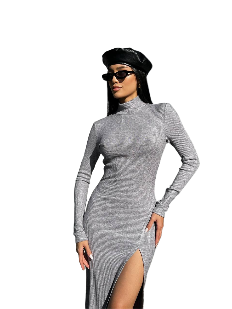 Woman wearing a gray long-sleeve dress with a slit on a white background