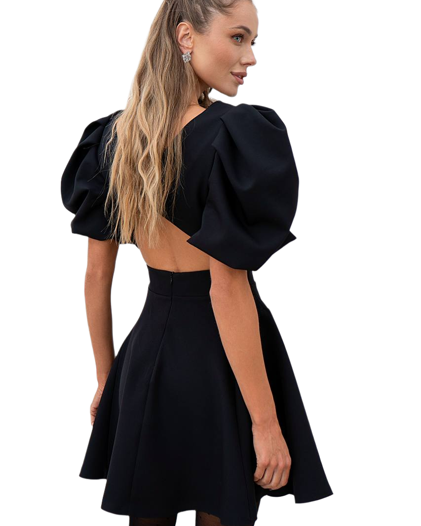 Black Dress with Puff Sleeves and Open Back in Diagonal Crepe