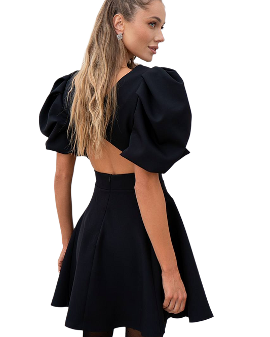 Black Dress with Puff Sleeves and Open Back in Diagonal Crepe