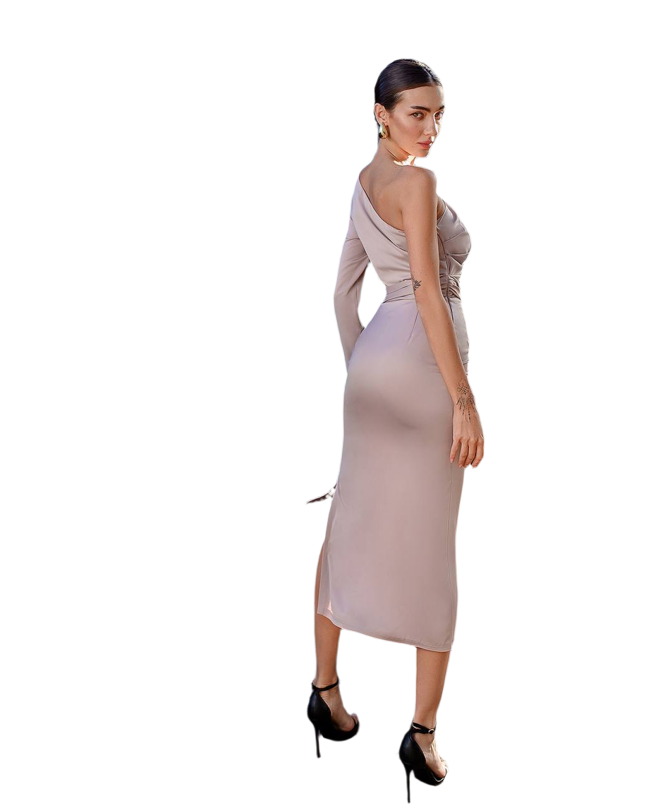 Asymmetric One Sleeve Midi Dress in Light Beige Satin