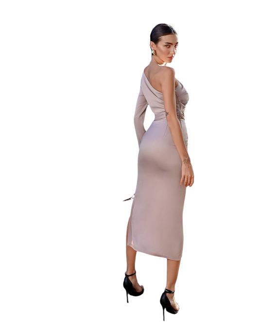 Woman wearing a one-shoulder dress on a white background