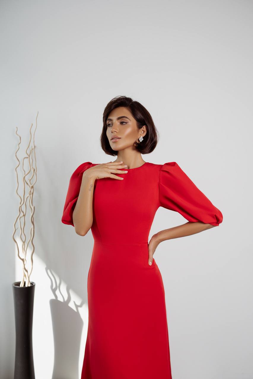 Woman wearing a red dress with puffed sleeves against a white background