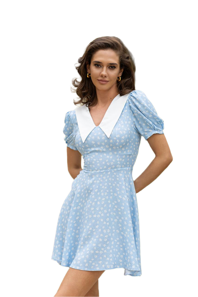 Womens Blue Floral Dress with White Collar Crepe Silk Elements