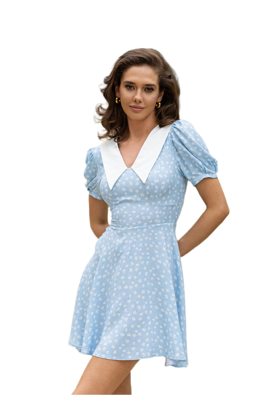 Womens Blue Floral Dress with White Collar Crepe Silk Elements