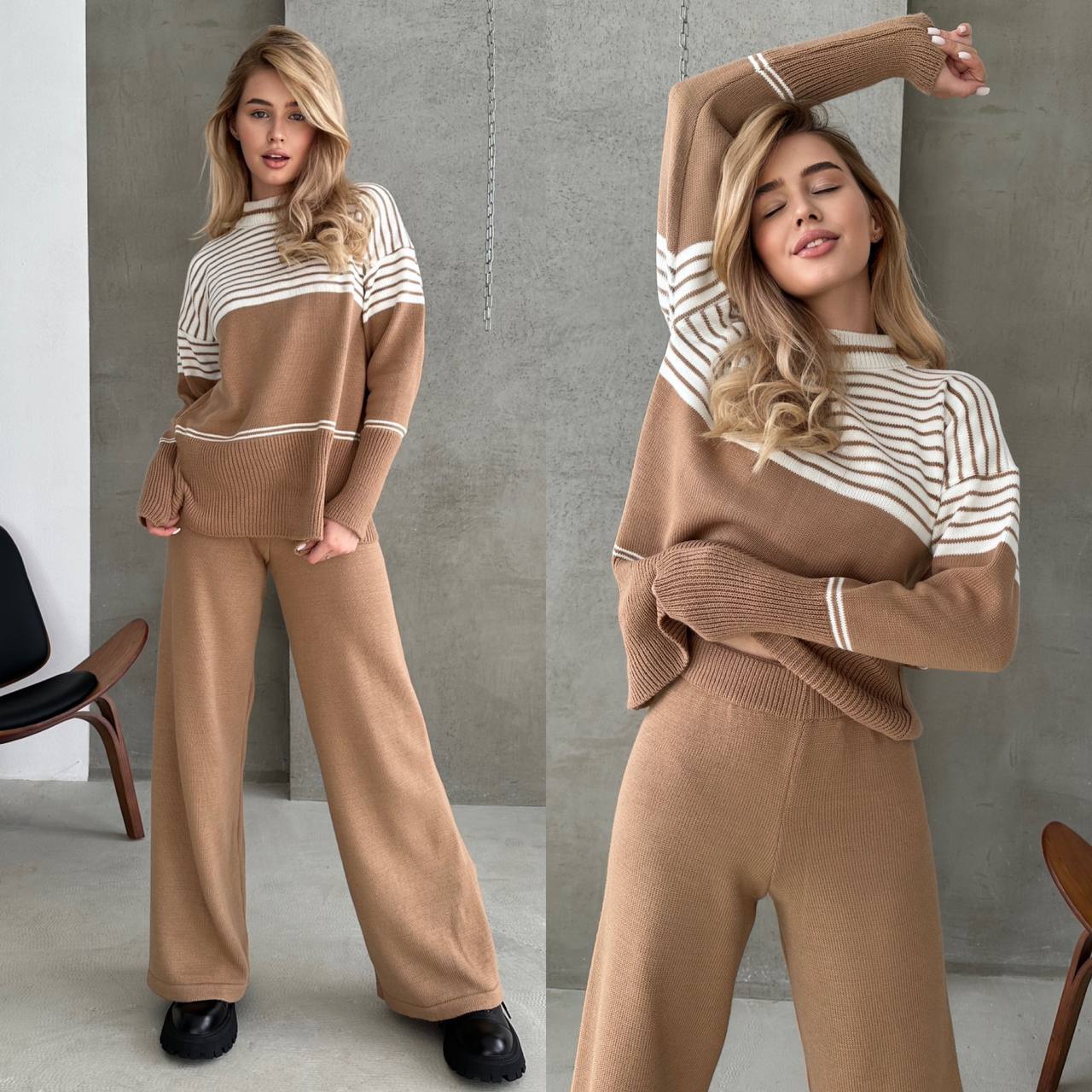 Woman wearing a brown and white striped sweater with matching pants in an indoor setting.