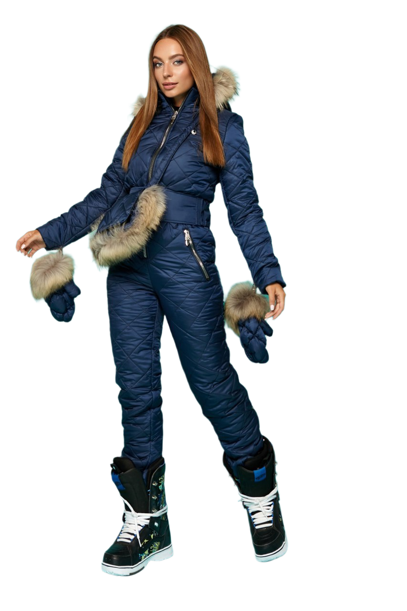 Womens Winter Ski Jumpsuit with Natural Raccoon Fur Trim