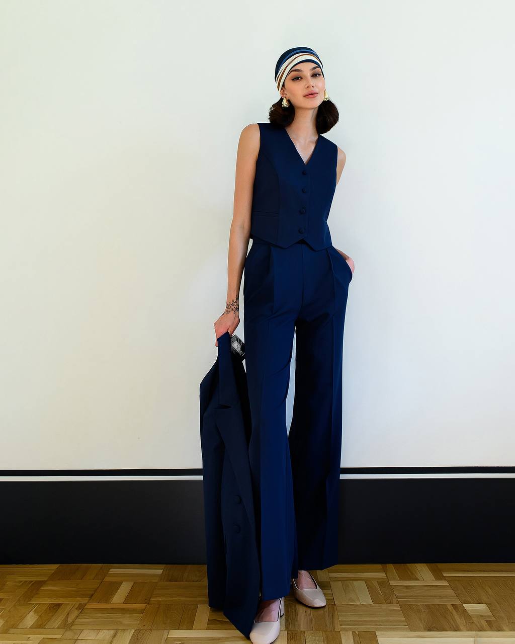 Womens Premium Navy Blue Three Piece Suit Blazer Vest Trousers