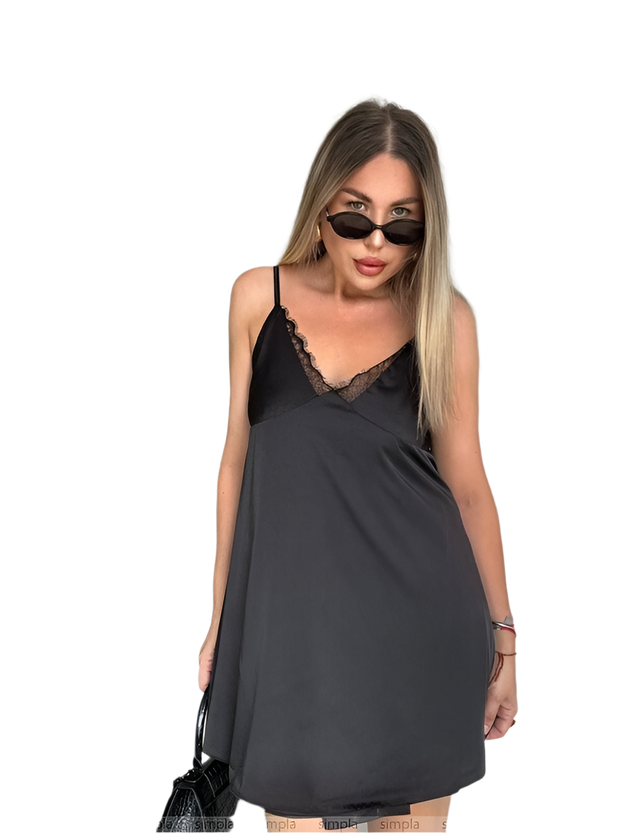 Elegant Black Slip Dress with Lace Details and Back Cutout