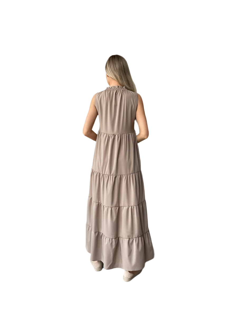 Sleeveless Loose Fit Tiered Maxi Dress with Tie Neck