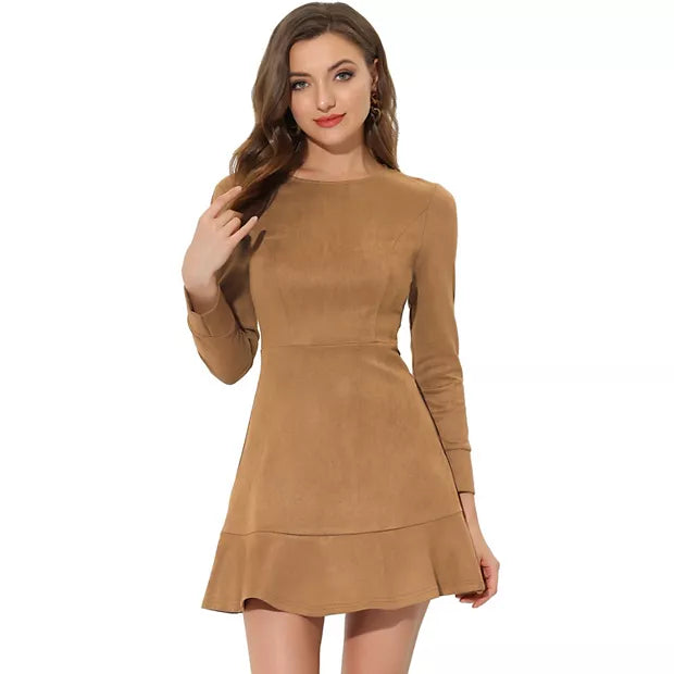 Brown Suede Long Sleeve Dress with Flounce Hem