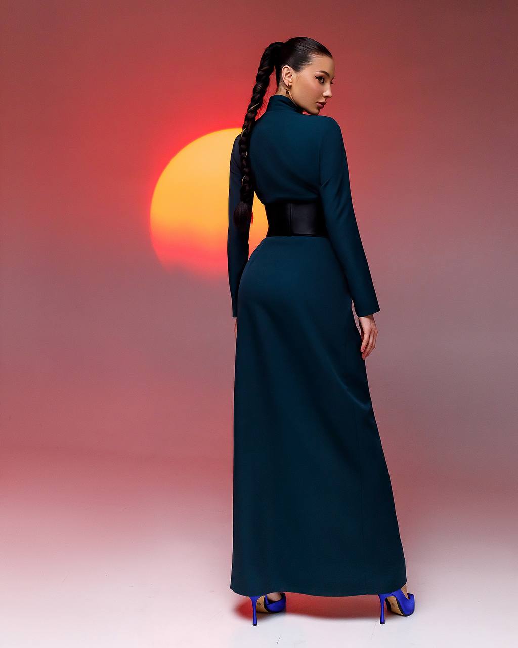 Elegant Standing Collar Dress in Crepe Fabric Perfect for Special Occasions