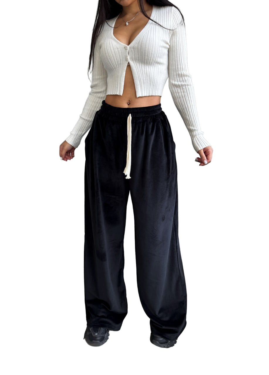 Black Velour High Waist Wide Leg Trousers Loose Fit