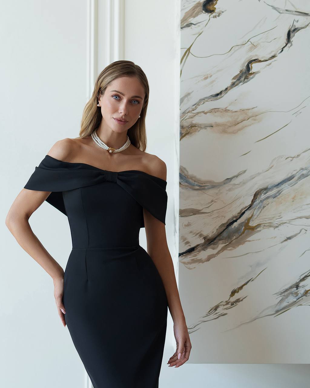 Elegant Off-Shoulder Black Midi Dress with Corset Detail