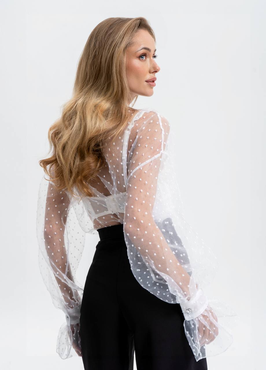 Woman wearing a sheer white blouse with black pants on a white background