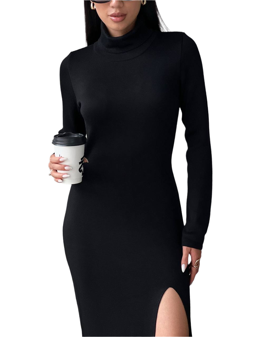 Woman wearing a black long-sleeve dress holding a coffee cup on a white background