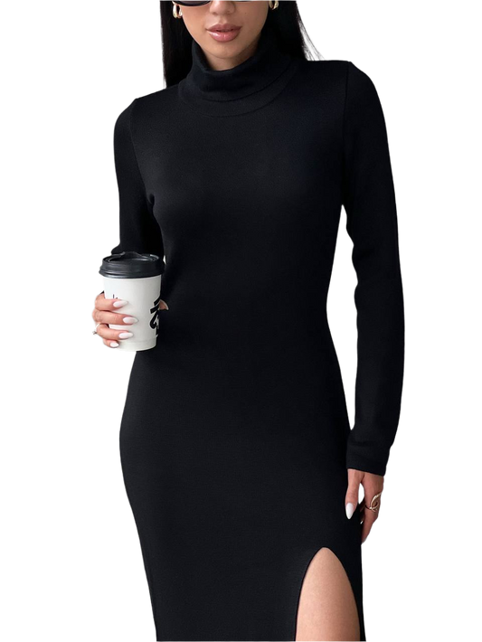 Woman wearing a black long-sleeve dress holding a coffee cup on a white background